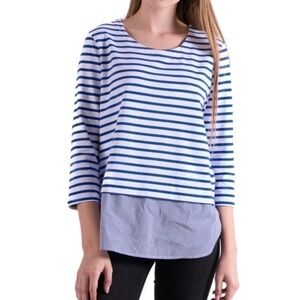 Lili’s Closet Gabbi Blue White Striped Top Layered Hem 3/4 Sleeve Size Small